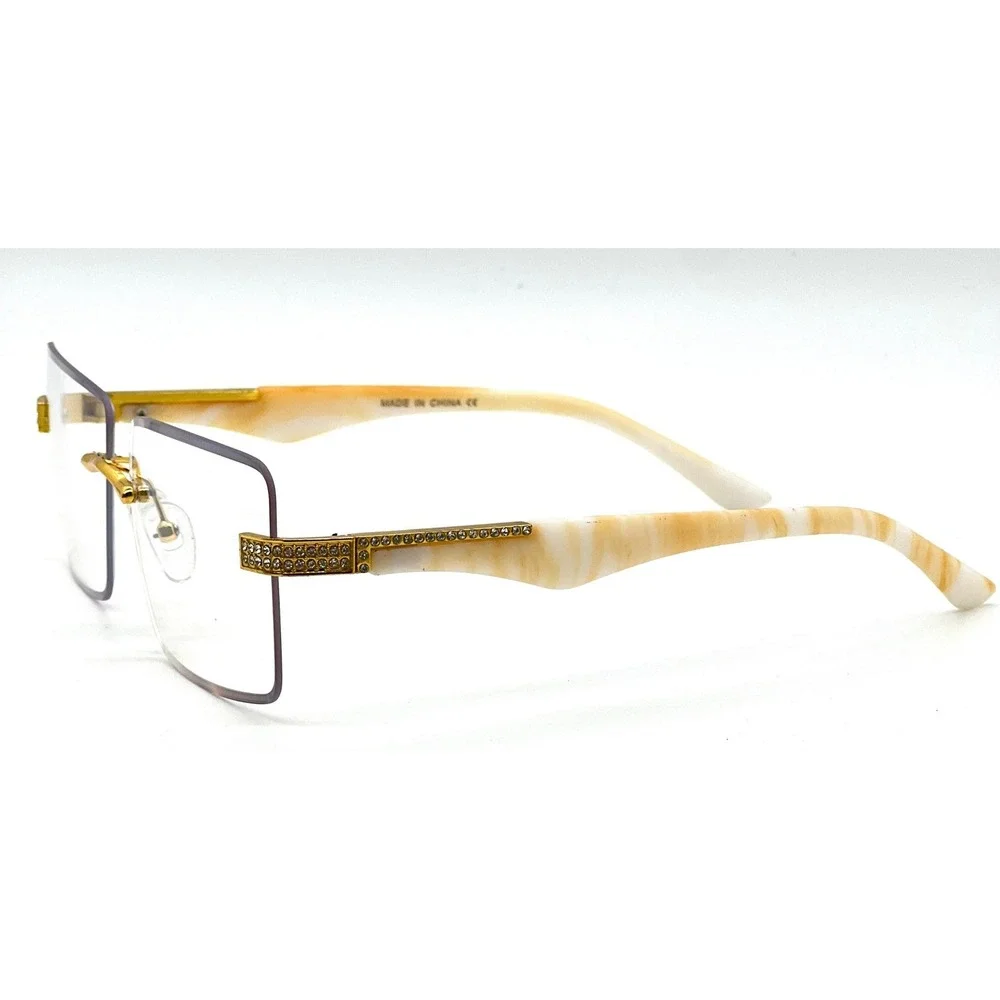 Men Fashion Rimless‎ Sunglasses Rectangle Clear Lens Gold Accent Eyewear Hip Hop